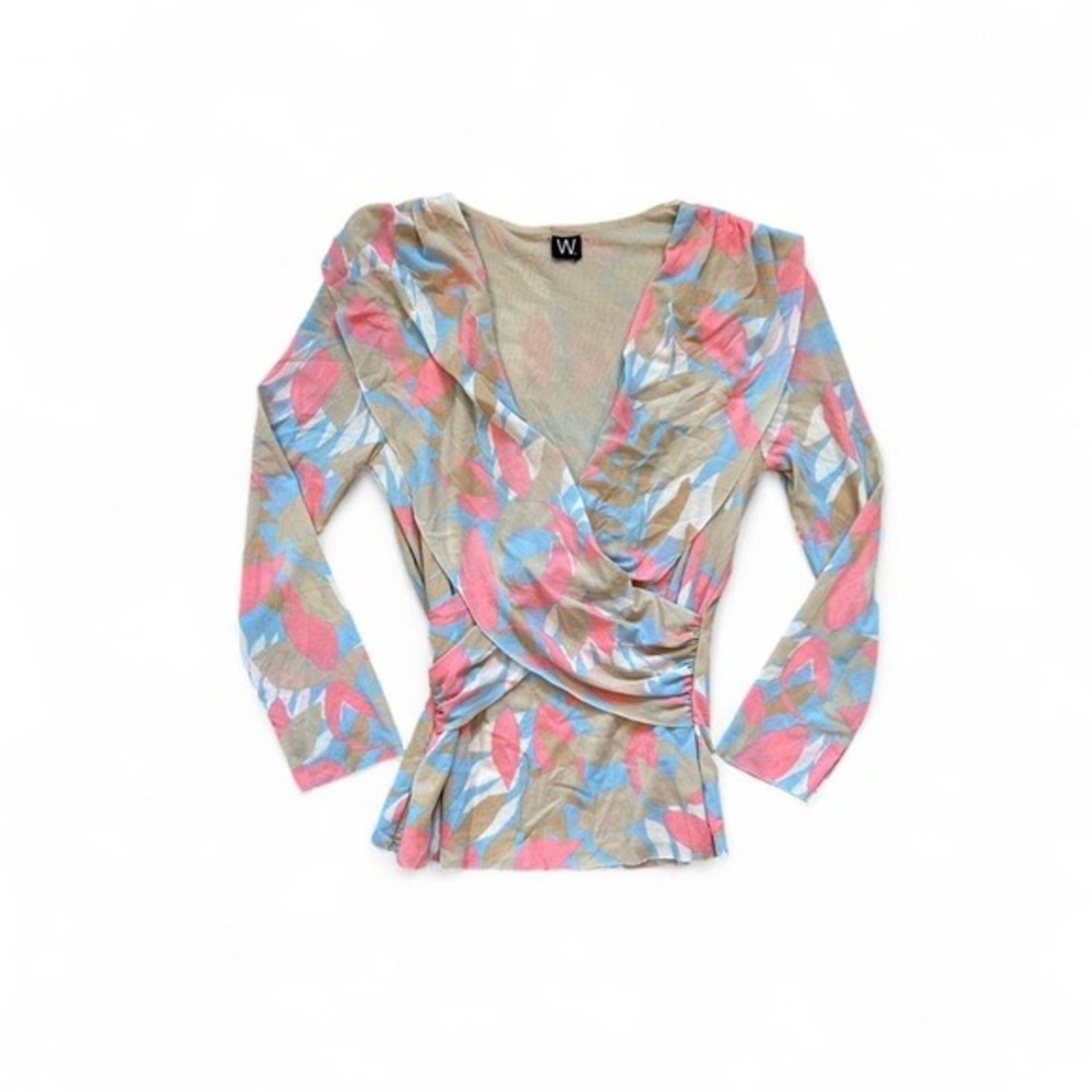 VTG y2k ruched‎ wrap v neck longsleeve top biege pink blue boho going out